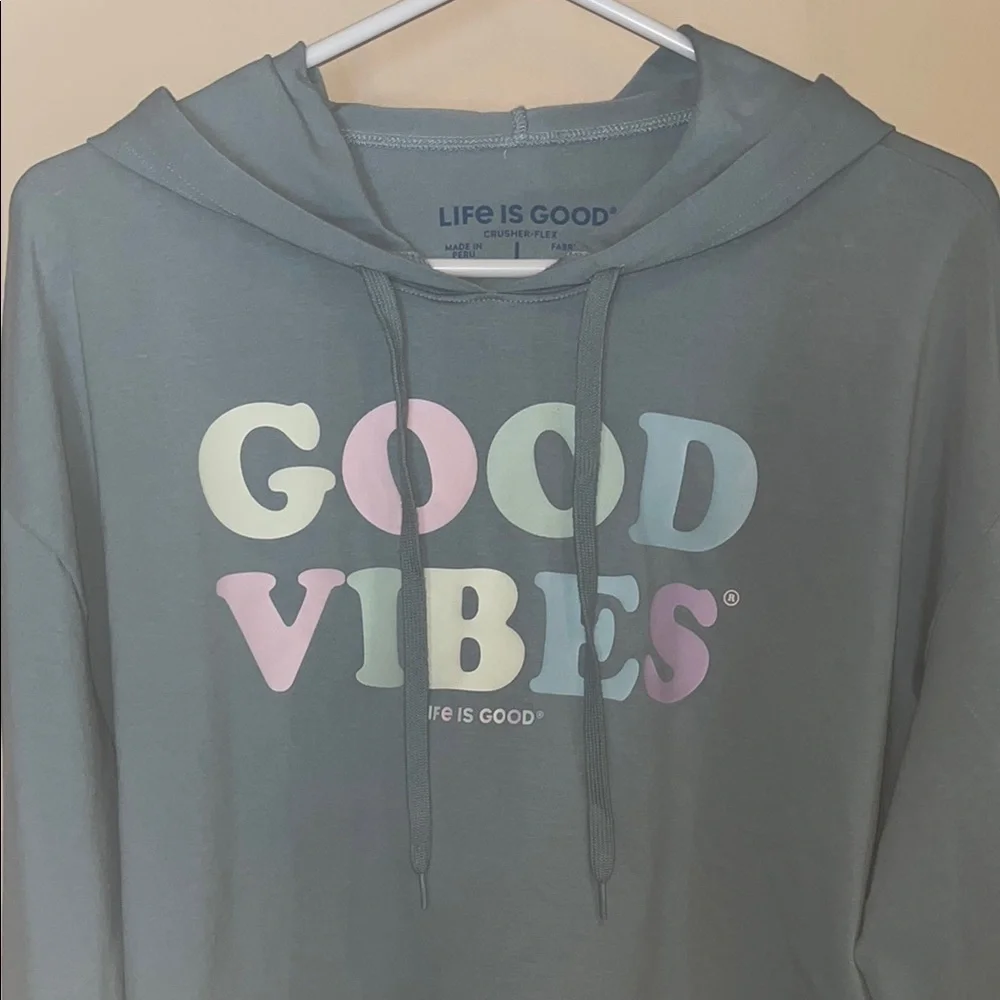 Life is Good Blue Hoodie with Good Vibes Print